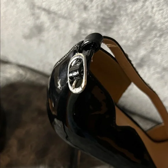 Black Patent Peep-Toe Platform 6 inch Heels with Rhinestone Ankle Strap - Picture 11 of 16